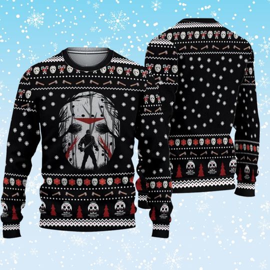 Discover Ugly Christmas Sweater Horror  Jason Mask Slasher Knit, Crystal Lake Friday the 13th Inspired Unisex Black Pullover, Spooky Holiday Gift
