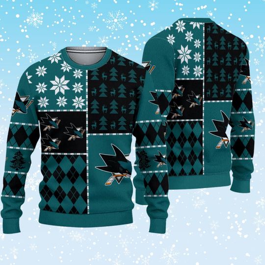 San Jose Sharks Ugly Christmas Sweater, Teal Black Patchwork Argyle Holiday Pullover, Winter Party Knit Jumper, Xmas Gift for Fans