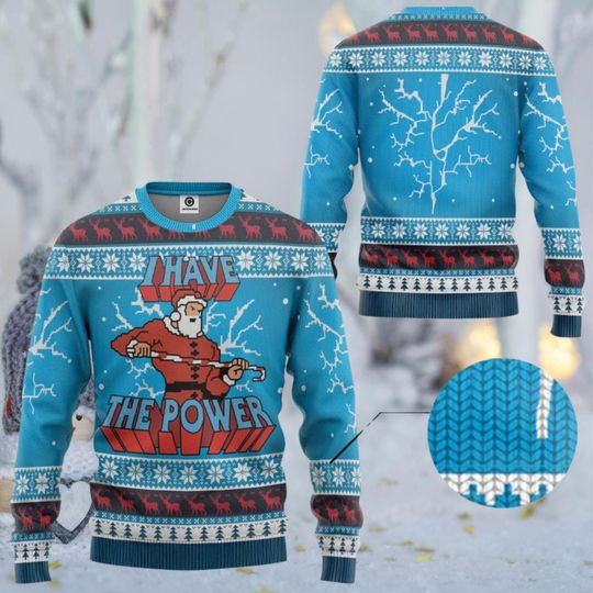 I Have The Power Santa Ugly Christmas Sweater, Blue Lightning Fair Isle Reindeer Snowflake Knit, Funny Holiday Party Jumper Gift