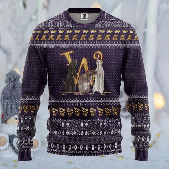 Discover Rats Ugly Christmas Sweater, Witchy Fair Isle Pullover with Gold Snakes & Skulls, Dark Academia Purple Unisex Holiday Jumper, Party Gift