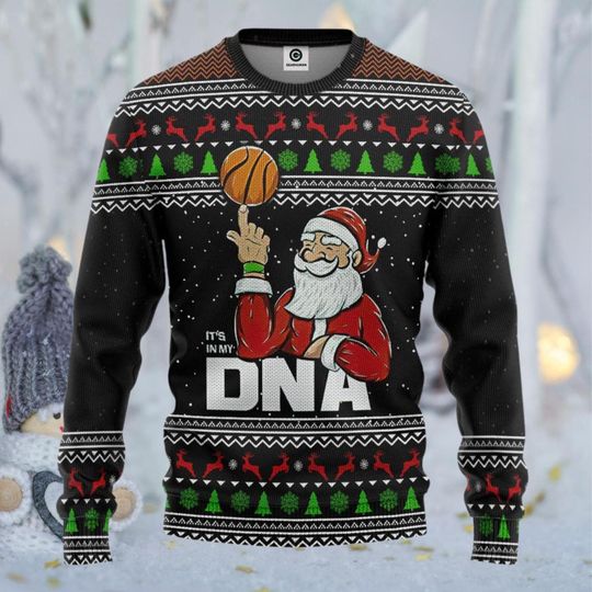 Basketball Santa Ugly Christmas Sweater, Its In My DNA Funny Holiday Crewneck, Black Knit Look Xmas Pullover, Party Gift