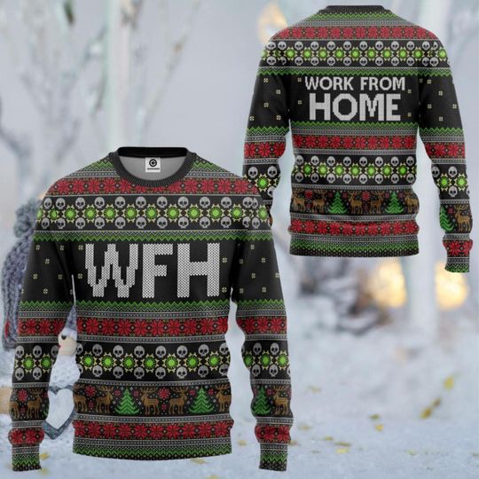Discover WFH Work From Home Ugly Christmas Sweater, Black Fair Isle Unisex Crewneck, Funny Remote Work Holiday Party Pullover, Cozy Gift for Adults