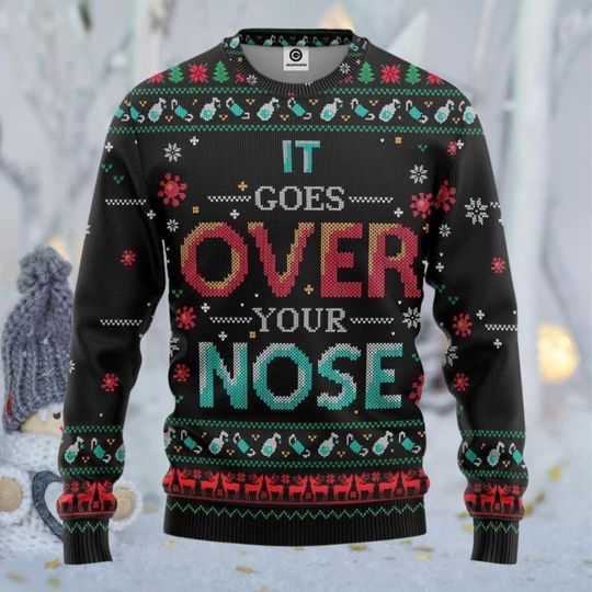 Discover It Goes Over Your Nose Ugly Christmas Sweater Black Knit Look Funny Holiday Party Pullover Unisex Festive Gift Snowflake Reindeer Design
