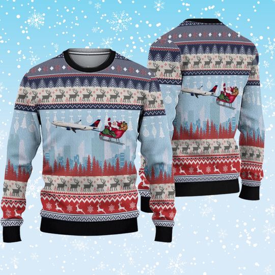 Airplane Santa Ugly Christmas Sweater, Reindeer Snowflake Fair Isle, Winter Forest All Over Print Sweater, Holiday Jumper Gift