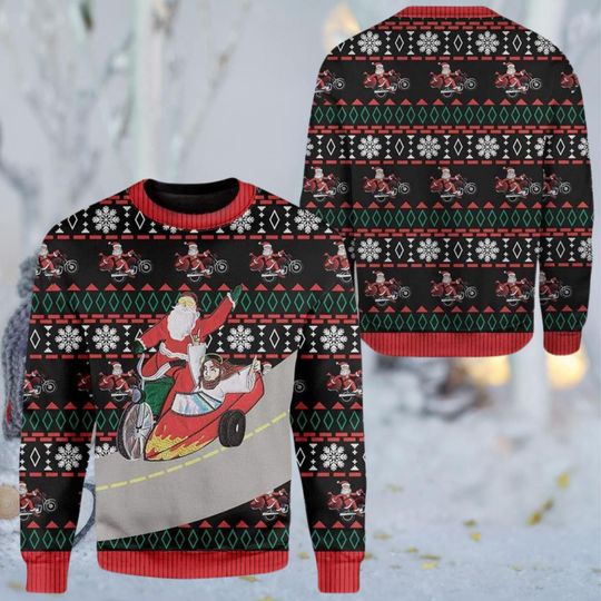 Discover Santa Motorcycle Ugly Christmas Sweater  Funny Biker Santa with Sidecar Holiday Jumper, Black Red Knit, Snowflake Pattern Winter Gift