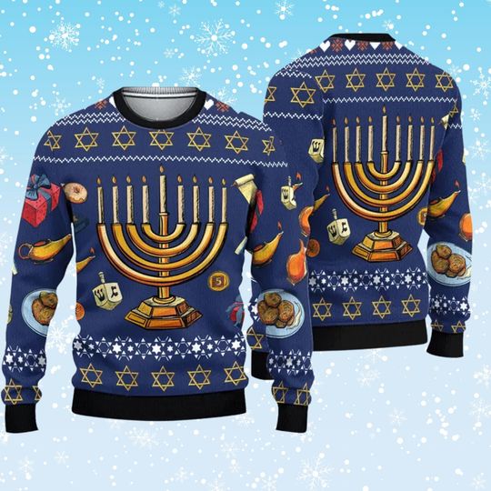 Blue Hanukkah Menorah Ugly Christmas Sweater, Festive Jewish Holiday Pullover with Dreidels, Latkes, Stars of David