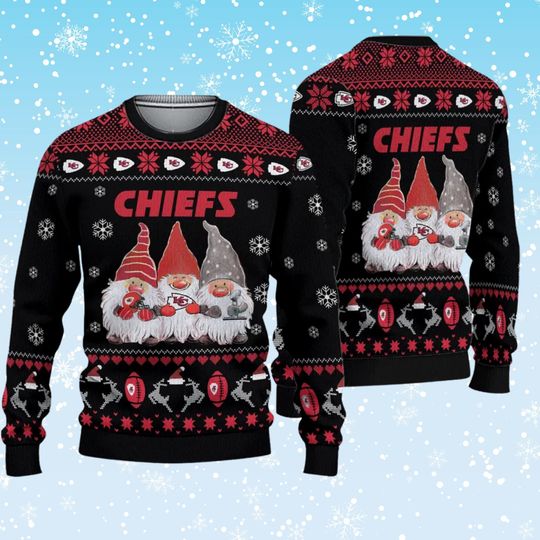 Kansas City Chiefs Christmas Sweater, Gnome Ugly Xmas Knit with Snowflakes & Reindeer, Winter Holiday Game Day Cozy Pullover Gift