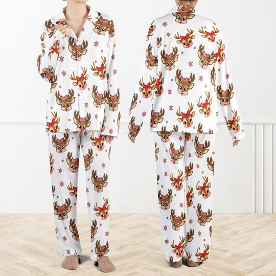 Christmas Reindeer Pajama Set for Women and Kids, Holiday Nightwear, Cozy Winter Lounge Set, Festive Xmas Gift