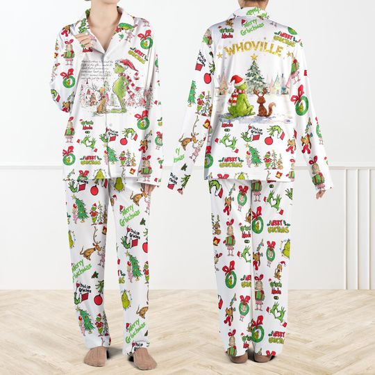 Grin Christmas Pajamas Set for Family, Whoville Xmas PJs, Holiday Cartoon Loungewear, Matching Family Xmas Sleepwear