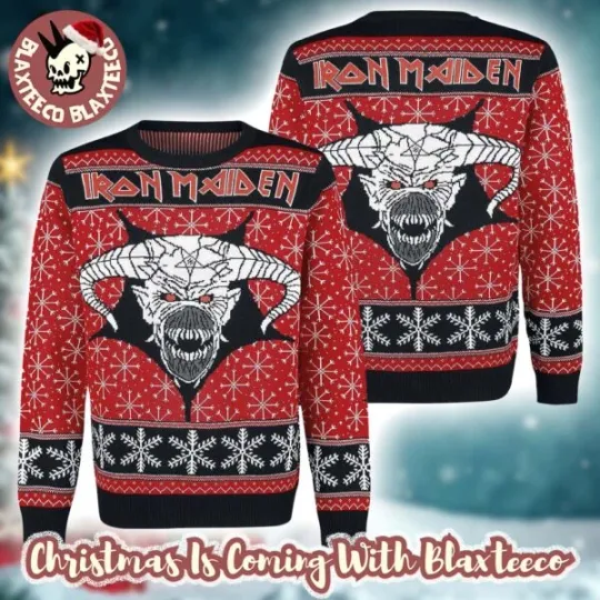 Iron Maiden Eddie Satan Head With Snowflakes Ugly Christmas Sweater