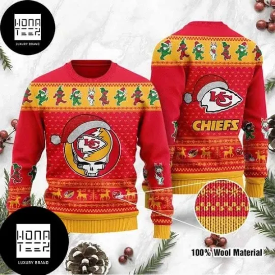 Discover Grateful Kansas City Dead Chiefs Skull And Bears Ugly Christmas Sweater