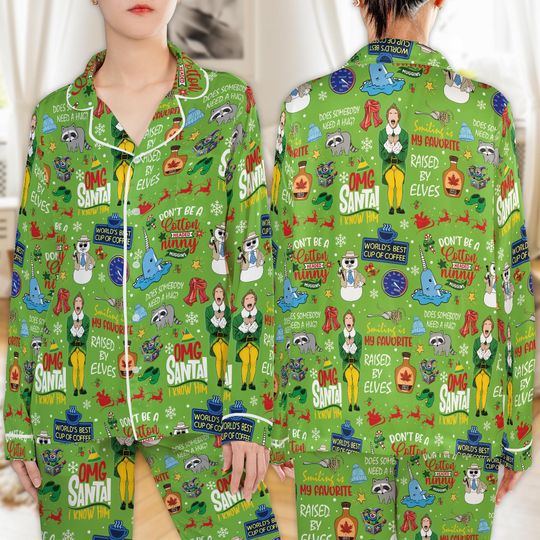 Discover Elf Buddy Christmas Pajama Set for Women, Omg Santa Know Him Lounge Set, Retro Movie Holiday Sleepwear