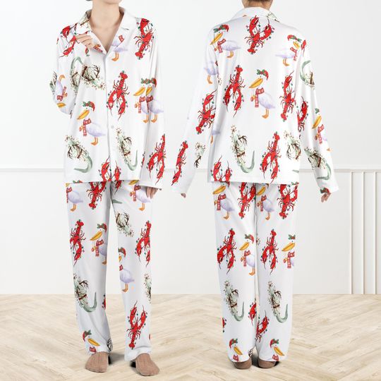 Discover Cajun Louisiana Christmas Pajama Set for Women and Kids, Holiday Crawfish and Gator Sleepwear
