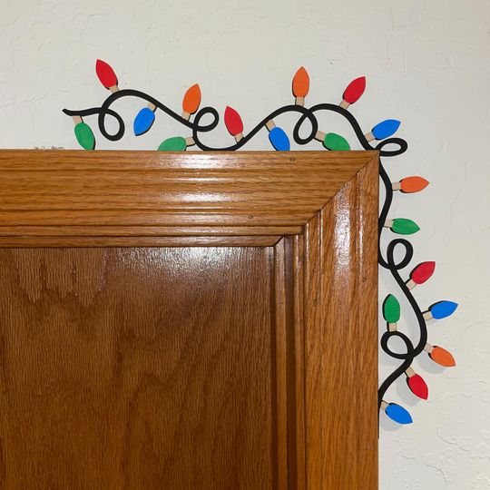 Christmas Door Corner Decoration with Mini Lights, Laser Cut and Hand Painted Wood