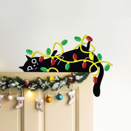 Discover Christmas Door Corner Metal Sign, Cute Christmas Cat Door Topper, Funny Door Wall Decor Christmas Door Frame Cat Corner Door Trim Home Decor