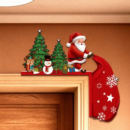 Santa Claus Door Corner Decoration, Wooden Christmas Wall Hanging Holiday Sign