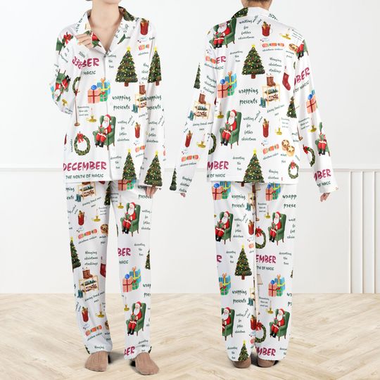 Discover Loveliest Time Of Year Silky Satin Pajama Set For Women And Kids, Holiday Sleepwear Set, Vintage Santa Loungewear, Cozy Winter PJs