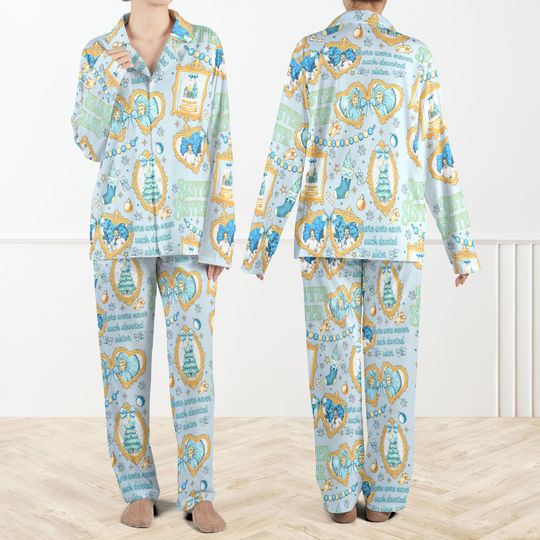 Discover White Christmas Sisters Silky Satin Pajama Set For Women And Kids, Cute Blue Vintage Sleepwear for Women, Matching Sister Christmas PJs