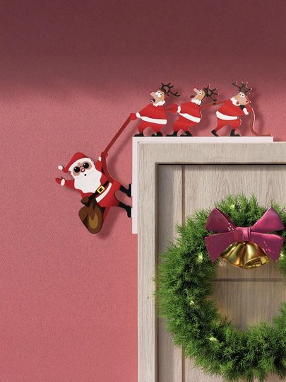 Discover Christmas Santa and Reindeer Door Corner Decoration, Wooden Merry Christmas Home Decor Gift, Santa Reindeer Door Frame