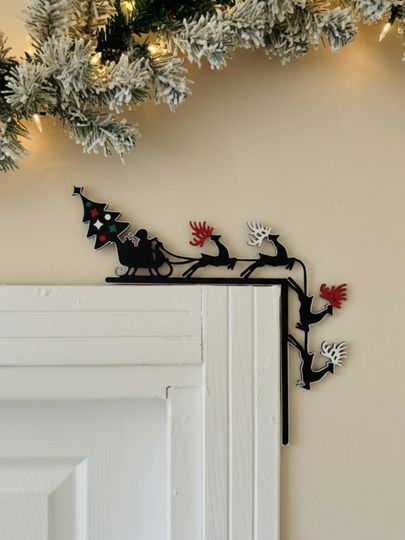 Christmas Santa Claus Door Corner Topper with 3D Reindeer, Holiday House Door Frame Decoration