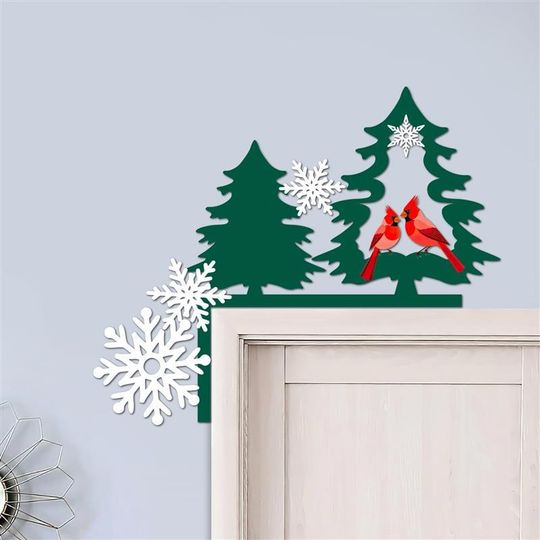Christmas Cardinal & Pine Tree Metal Door Corner Decor