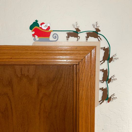 Christmas Door Corner Decoration with Santa and Reindeer, Laser Cut, Hand Painted or Natural Wood