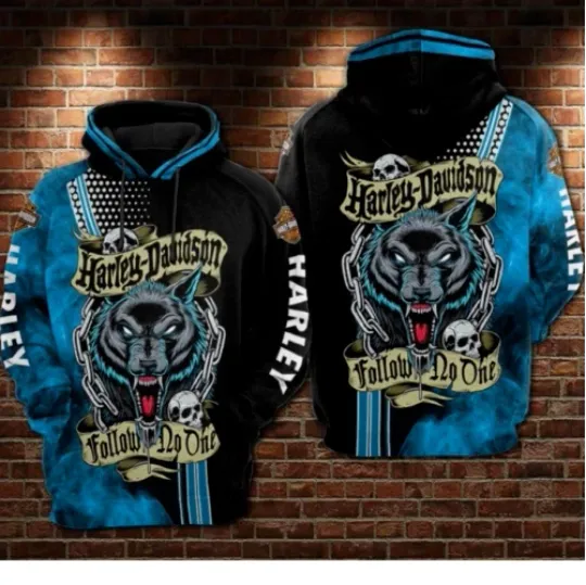 Discover Hot Limited Haarleyy Davidson Wolf Skull Hoodie Blue 3D Printed