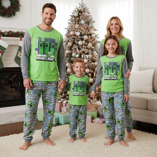 Discover Minecraft Family Pajamas Set, Creeper Green Long Sleeve Sleepwear for Adults, Christmas Family Pajamas