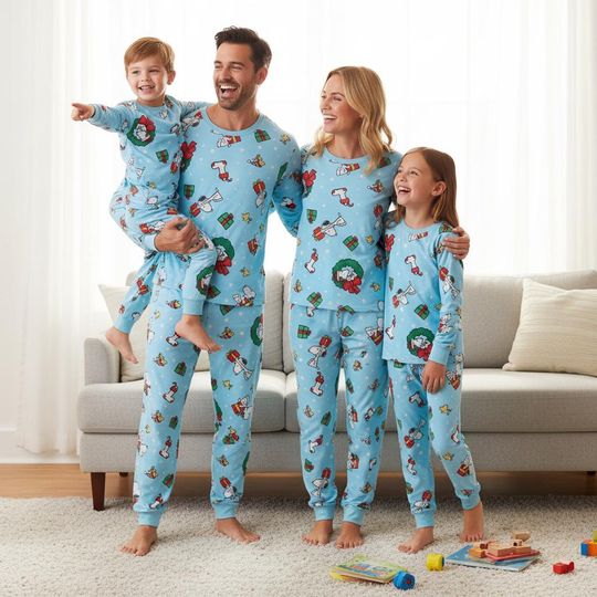 Puppy Family Christmas Pajamas Set, Blue Long Sleeve Sleepwear, Cartoon Matching PJs for Adults