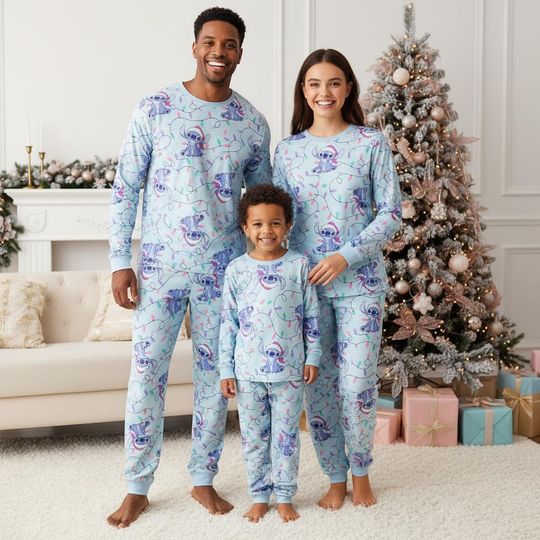 Discover Disney Stitch Family Pajama Set, Long Sleeve Adult and Kids Sleepwear, Matching Xmas Loungewear