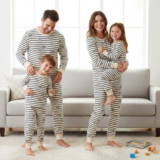 Discover Dog Family Pajamas Set, Striped Long Sleeve PJs, Cartoon Sleepwear, Christmas Pajamas for Family