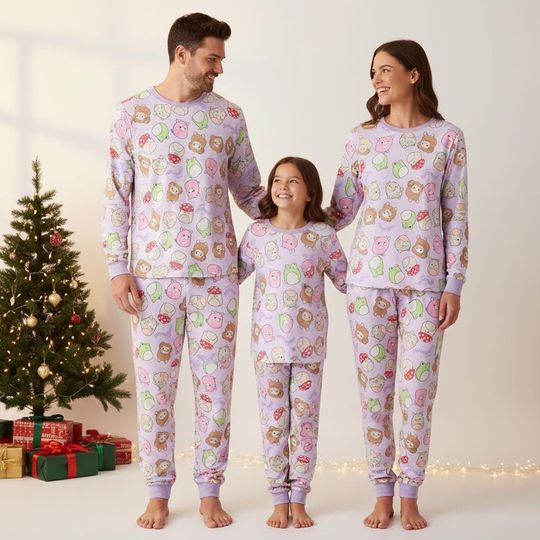 Discover Squishmallow Family Pajamas Set, Christmas Long Sleepwear for Adults, Cartoon Tee & Pants, Matching Xmas Pajamas