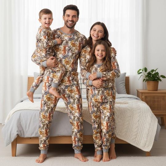 Bunny Family Pajamas Set, Rabbit Long Pajamas, Woodland Animal Long Sleeve Tee & Pants, Matching Family Sleepwear Christmas