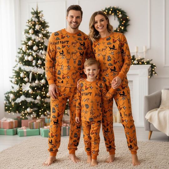 Discover Hunting Family Pajamas Set with Deer Long Sleeve Top and Pants