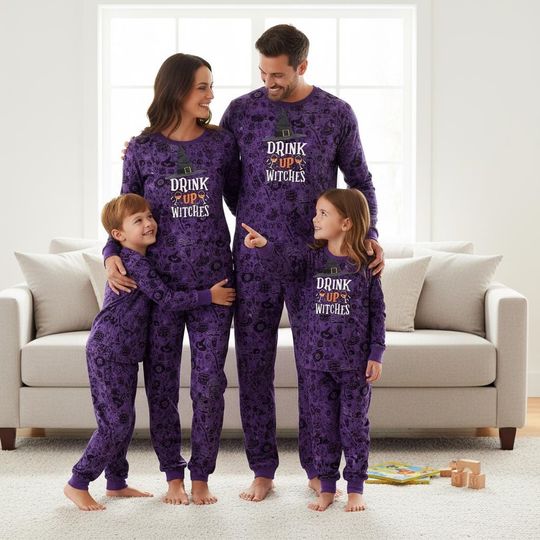 Discover Witch Family Pajama Set, Long Sleeve Sleepwear, Drink Up Witches Tee & Pants, Matching Christmas PJs for Adults and Family