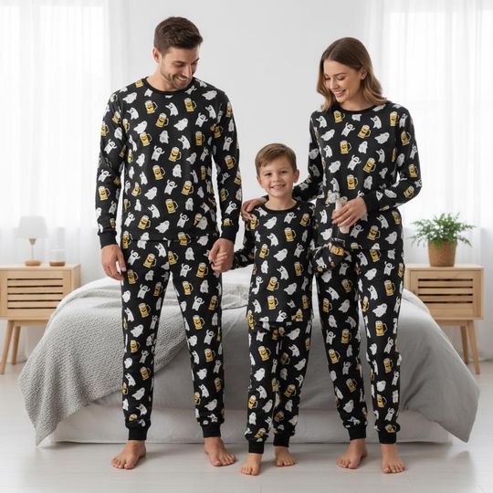 Discover Ghost Family Pajama Set, Haunted Beer Long Pajamas, Halloween Long Tee & Pants, Matching Family Sleepwear