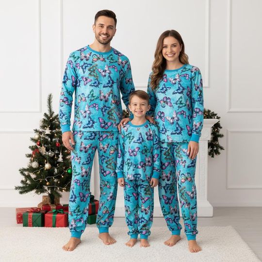 Discover Butterfly Family Pajamas Set, Long Sleeve Top & Pants, Blue Butterfly Lounge Wear for Adults