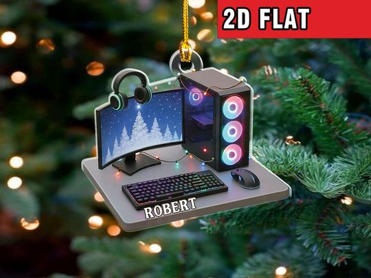 Discover Personalized Gamer PC Ornament, Custom Gaming Computer Christmas Decoration with Name, RGB Lights Desk Setup Gift for Gamers