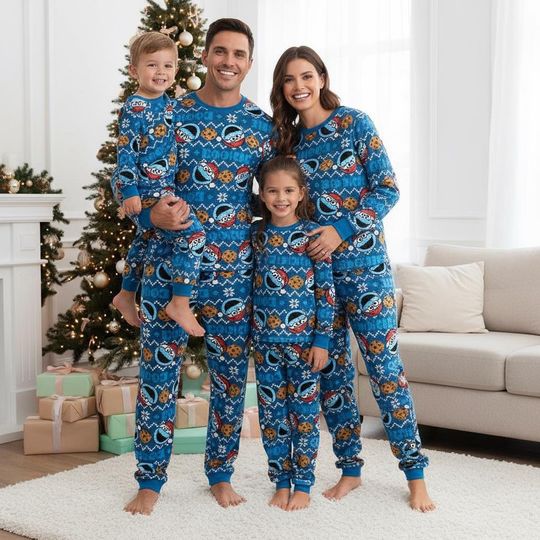 Discover Cookie Monster Family Pajamas Set, Long Sleeve Blue Matching Pajamas, Christmas Family Gift