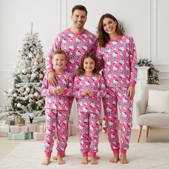 Discover Kitty Family Pajamas Set, Cartoon Long Sleeve PJs, Pink Kid Matching Sleepwear, Cute Adult and Kids Pajama Set
