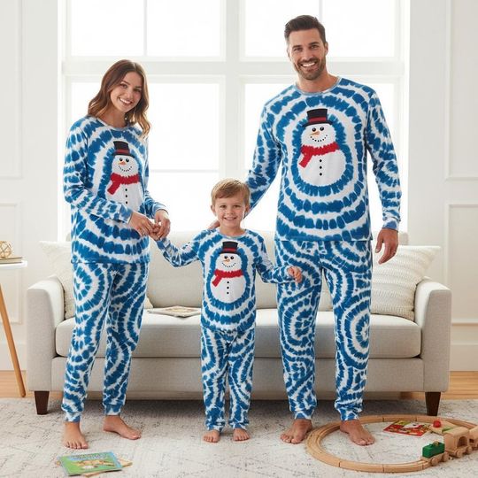 Discover Snowman Family Pajama Set, Blue Tie-Dye Long Sleeve PJs, Christmas Sleepwear for Adults