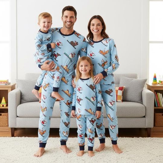 Discover Family Christmas Pajama Set with Ski Dog Family Design, Long Sleeve Sleepwear for Adults