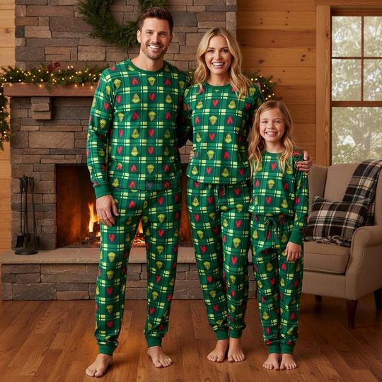 Plaid Christmas Family Pajamas Set, Long Sleeve Cozy Sleepwear, Festive Loungewear for Adults