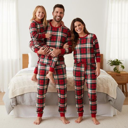 Plaid Family Pajama Set, Long Sleeve Red Plaid Pajamas for Adults