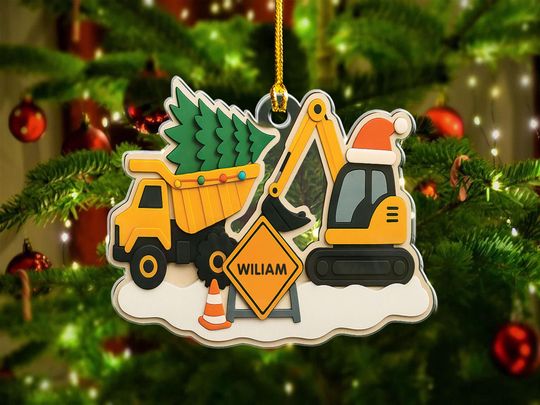 Discover Kids Christmas Construction Truck Name Ornament, Personalized Christmas 2025 Kids Ornament, Custom Boys Excavator Ornament Keepsake 2025