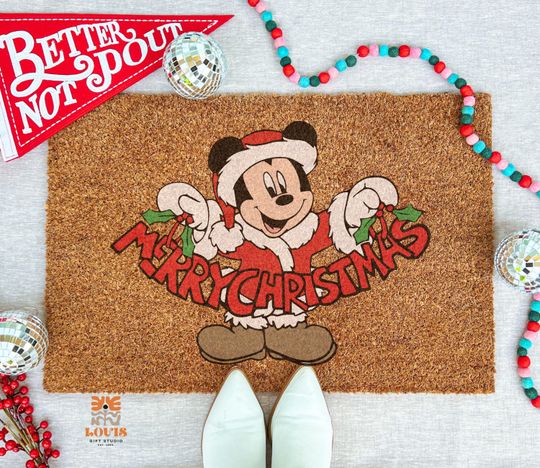 Discover Mickey Christmas Coir Doormat, Disney Inspired Merry Xmas Welcome Mat, Mickey Mouse Holiday Front Porch Rug