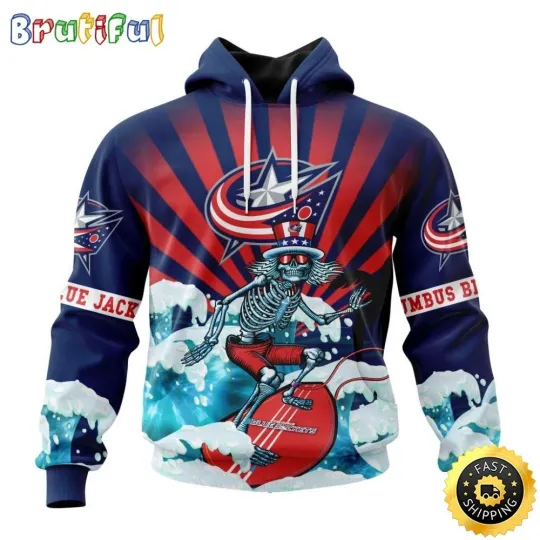 Discover Columbus Blue Jackets Grateful Hockey Dead Skull All Over Print 3D Hoodie