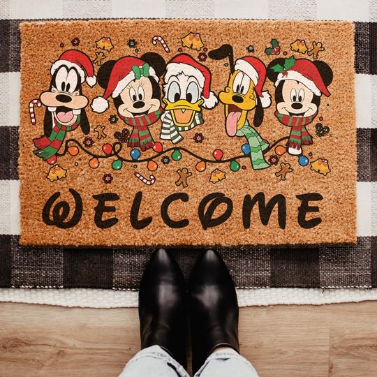 Discover Mickey and Friends Christmas Doormat, Disney Coir Doormat, Funny Holiday Entrance Mat