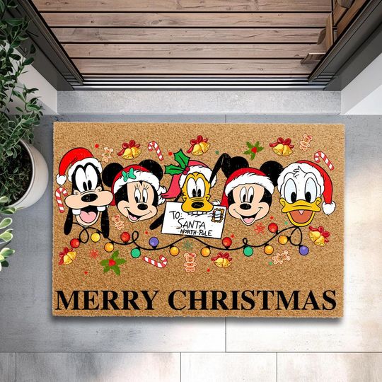 Discover Mickey & Friends Christmas Coir Doormat, Disney Xmas Lights Welcome Mat, Holiday Front Porch Rug