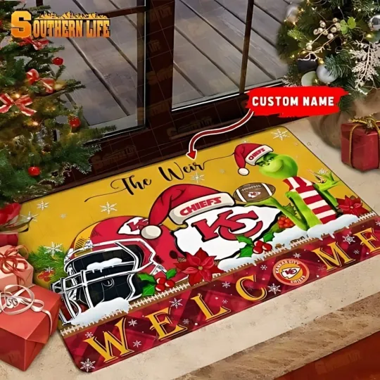 Discover Kansas City funny character Chiefs Doormat, Christmas Welcome Football Doormat
